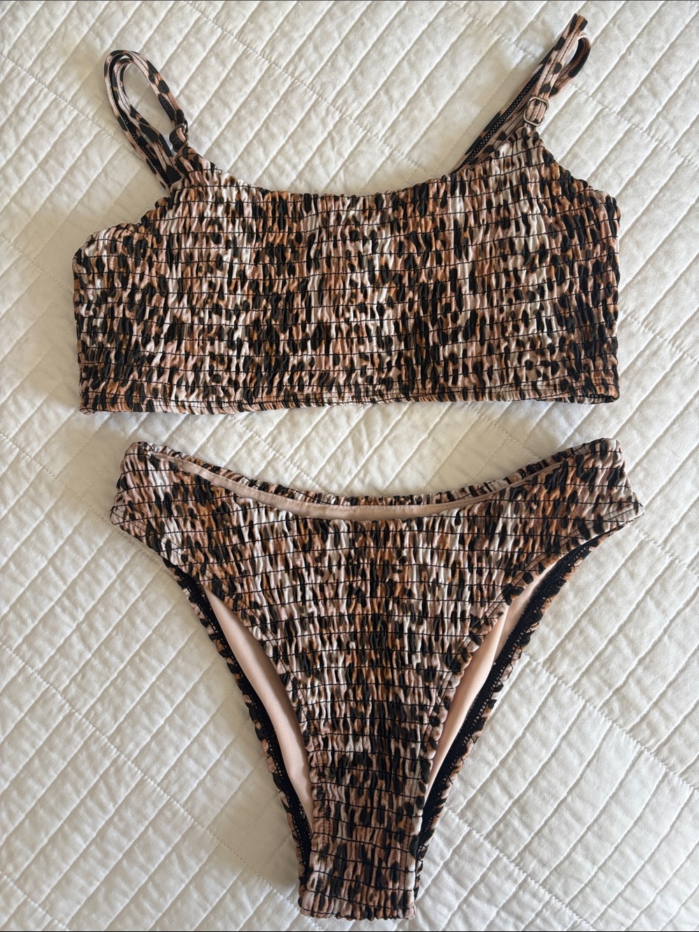 Smocked Leopard Print Bikini Set - Tan & Black